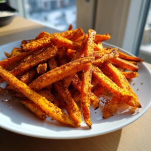 A close-up of a pile of perfectly cooked, seasoned sweet potato fries stacked on a white plate.