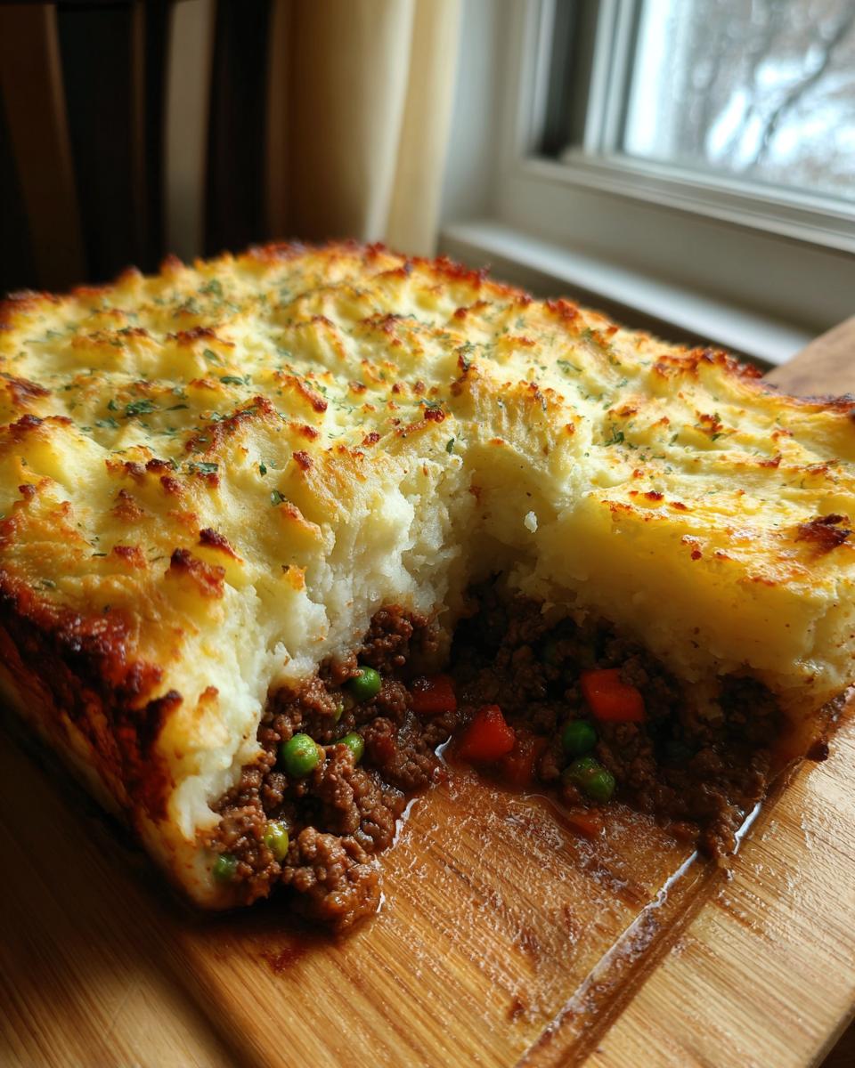 A cross-section view of a freshly baked cottage pie showing the rich meat filling with peas and carrots under a golden, fluffy mashed potato topping.