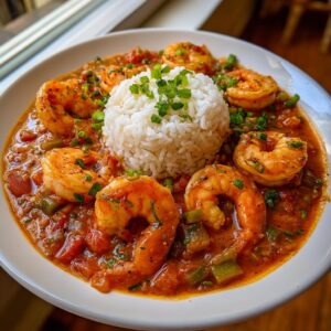 A close-up of a bowl of vibrant Shrimp Creole featuring large seasoned shrimp, rich tomato-based sauce, and a mound of white rice topped with green onions.