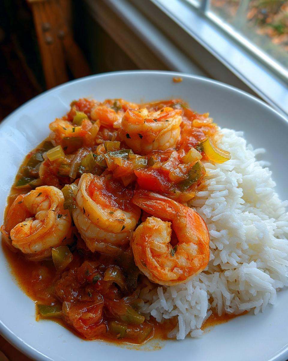 A close-up of a serving of vibrant Shrimp Creole served over a mound of white rice in a white bowl.