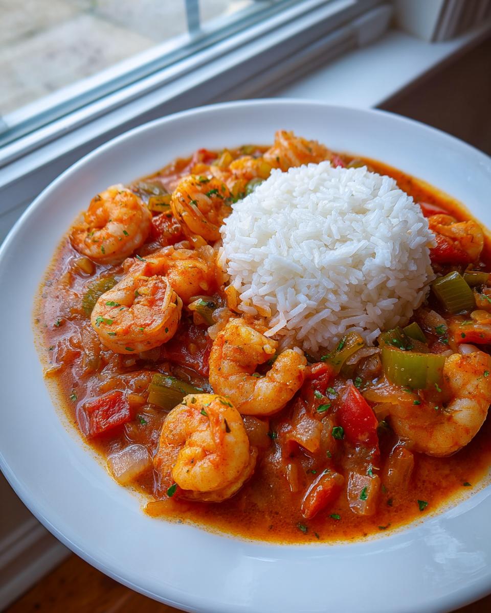 A close-up of a white plate featuring flavorful shrimp creole served alongside a mound of white rice.