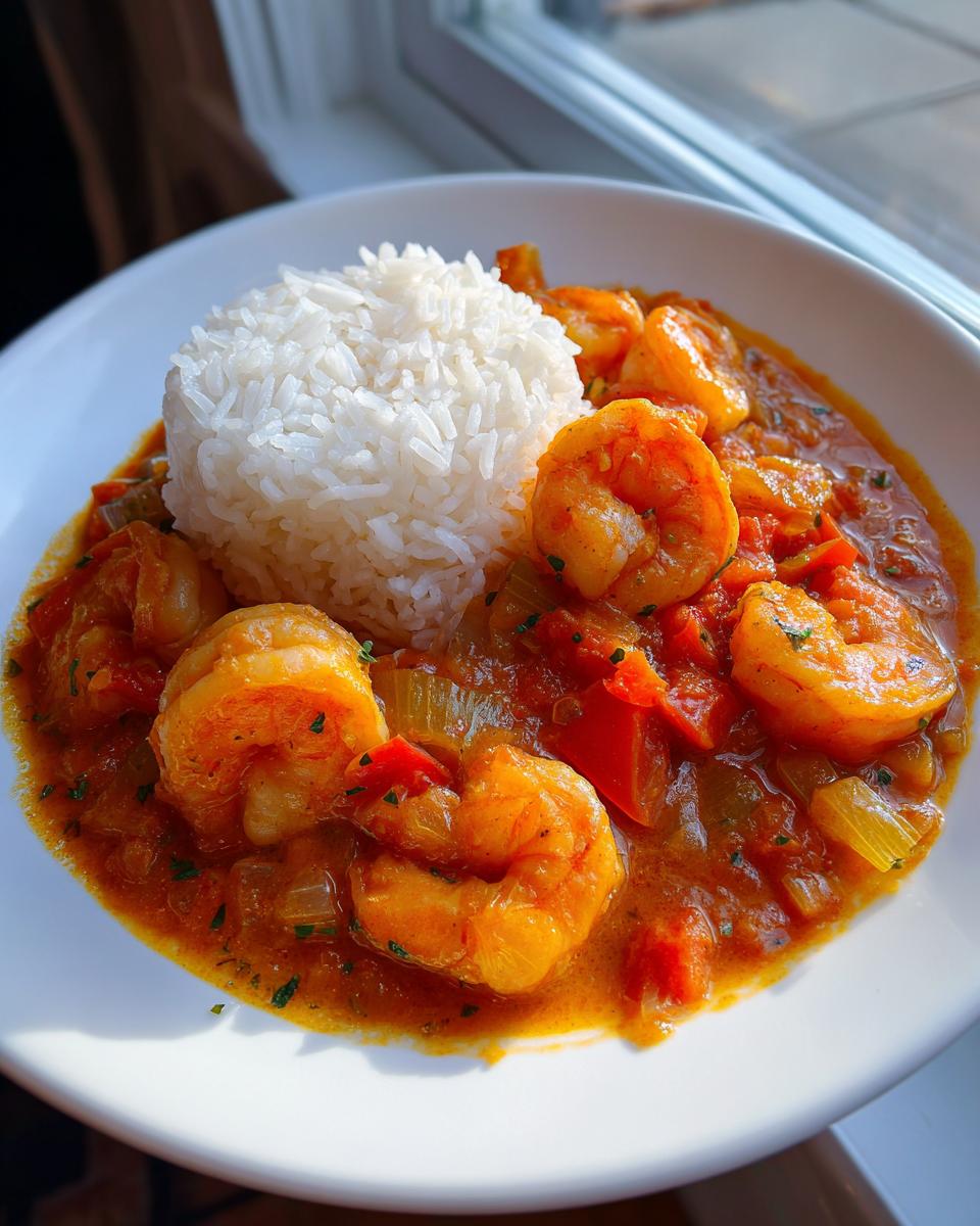 A white bowl filled with vibrant Shrimp Creole served next to a mound of white rice, captured in bright natural light.