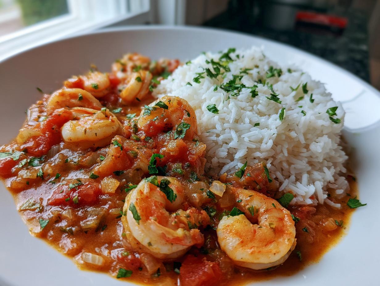 A close-up of a serving of vibrant Shrimp Creole sauce with plump shrimp next to a mound of white rice garnished with parsley.