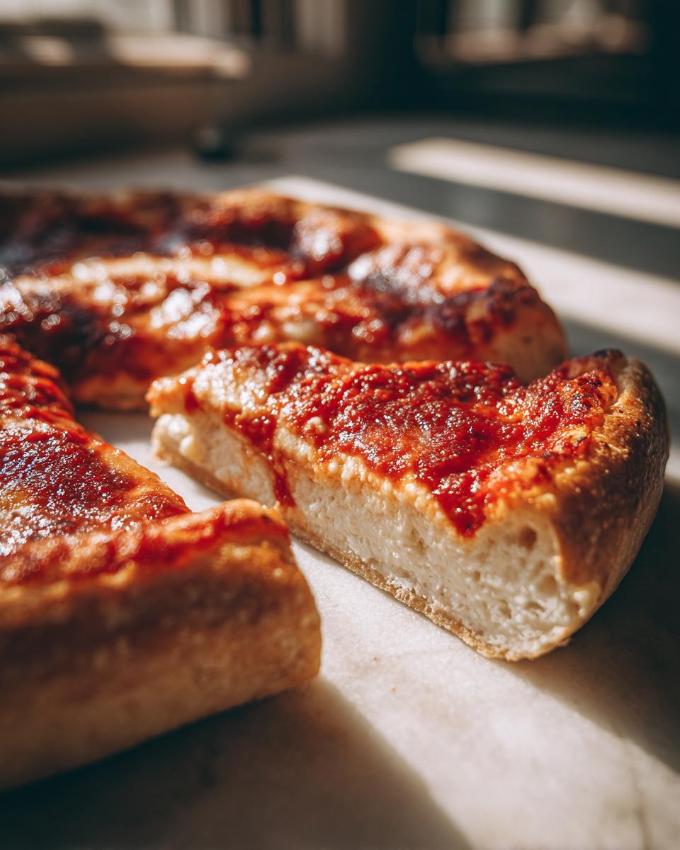 Close-up of a thick slice of pizza showing the airy cottage cheese pizza crust base topped with bright red tomato sauce.