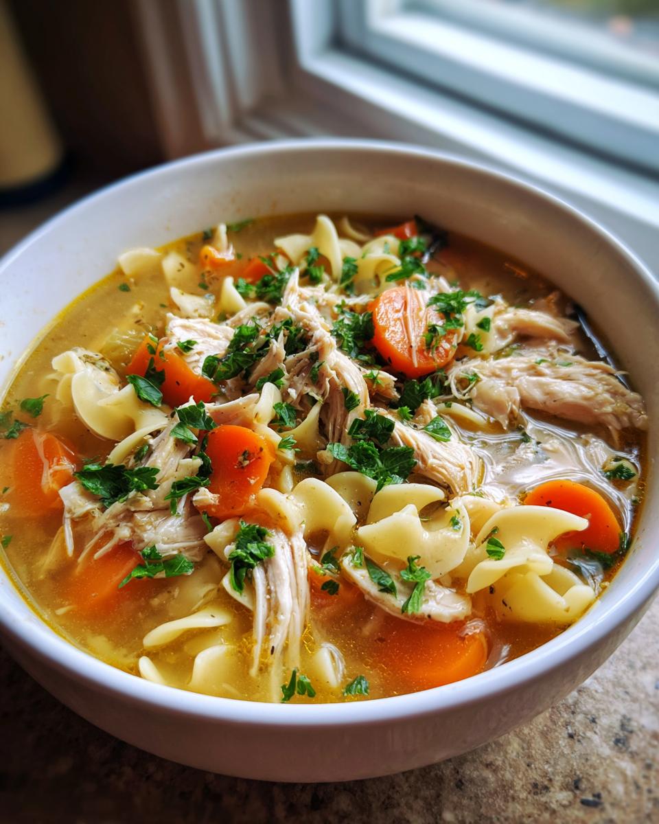 Close-up of a white bowl filled with slow cooker chicken noodle soup, featuring shredded chicken, egg noodles, carrots, and parsley.