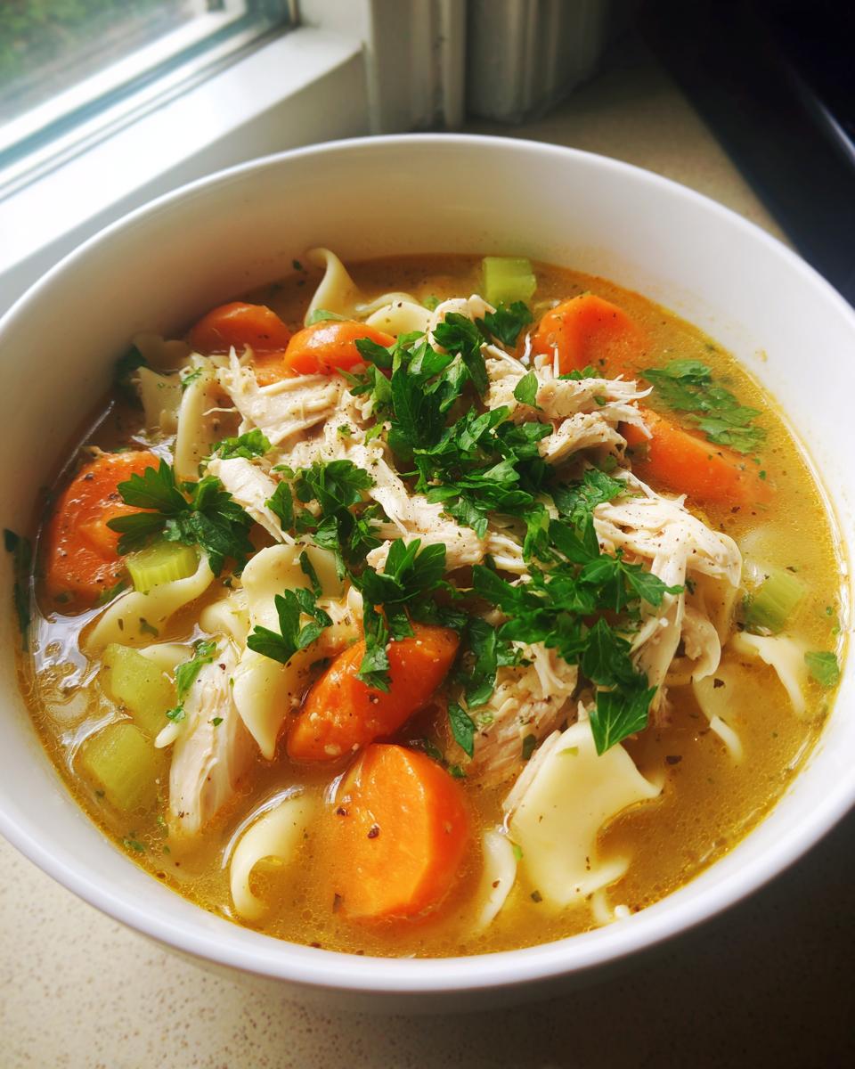 A close-up of a white bowl filled with rich broth, shredded chicken, egg noodles, carrots, and parsley, representing slow cooker chicken noodle soup.