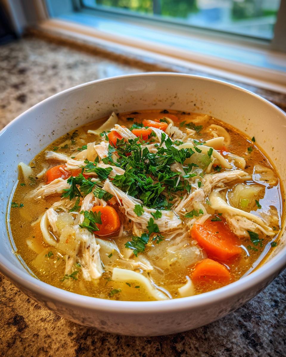 Close-up of a white bowl filled with rich, golden slow cooker chicken noodle soup, topped with shredded chicken, carrots, and fresh parsley.