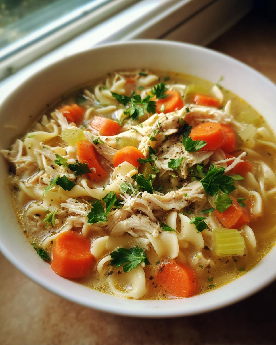 Close-up of a hearty bowl of slow cooker chicken noodle soup, featuring shredded chicken, egg noodles, carrots, and parsley.