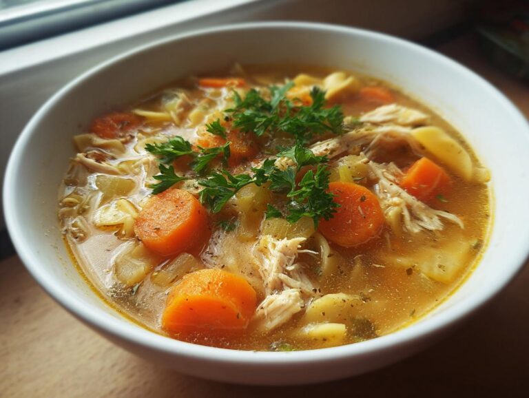 Close-up of a white bowl filled with rich slow cooker chicken noodle soup, featuring shredded chicken, carrots, and parsley.