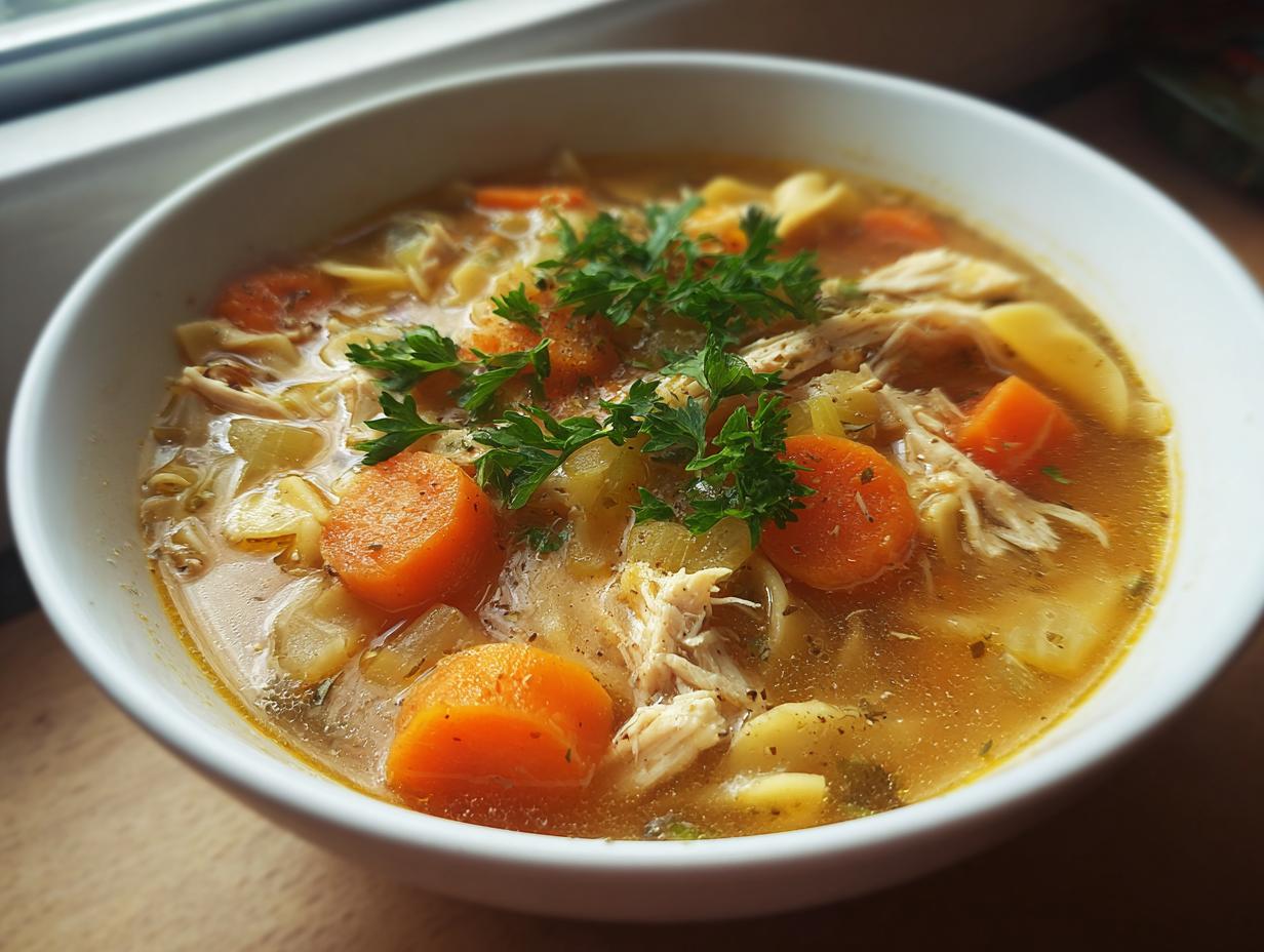 Close-up of a white bowl filled with rich slow cooker chicken noodle soup, featuring shredded chicken, carrots, and parsley.