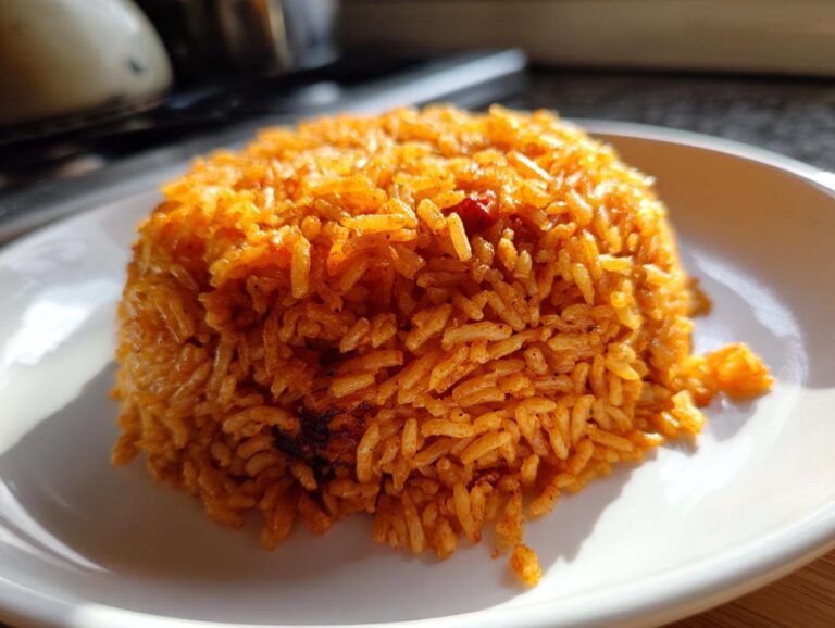 A close-up, featured image of a perfectly molded mound of vibrant orange smoky jollof rice on a white plate.