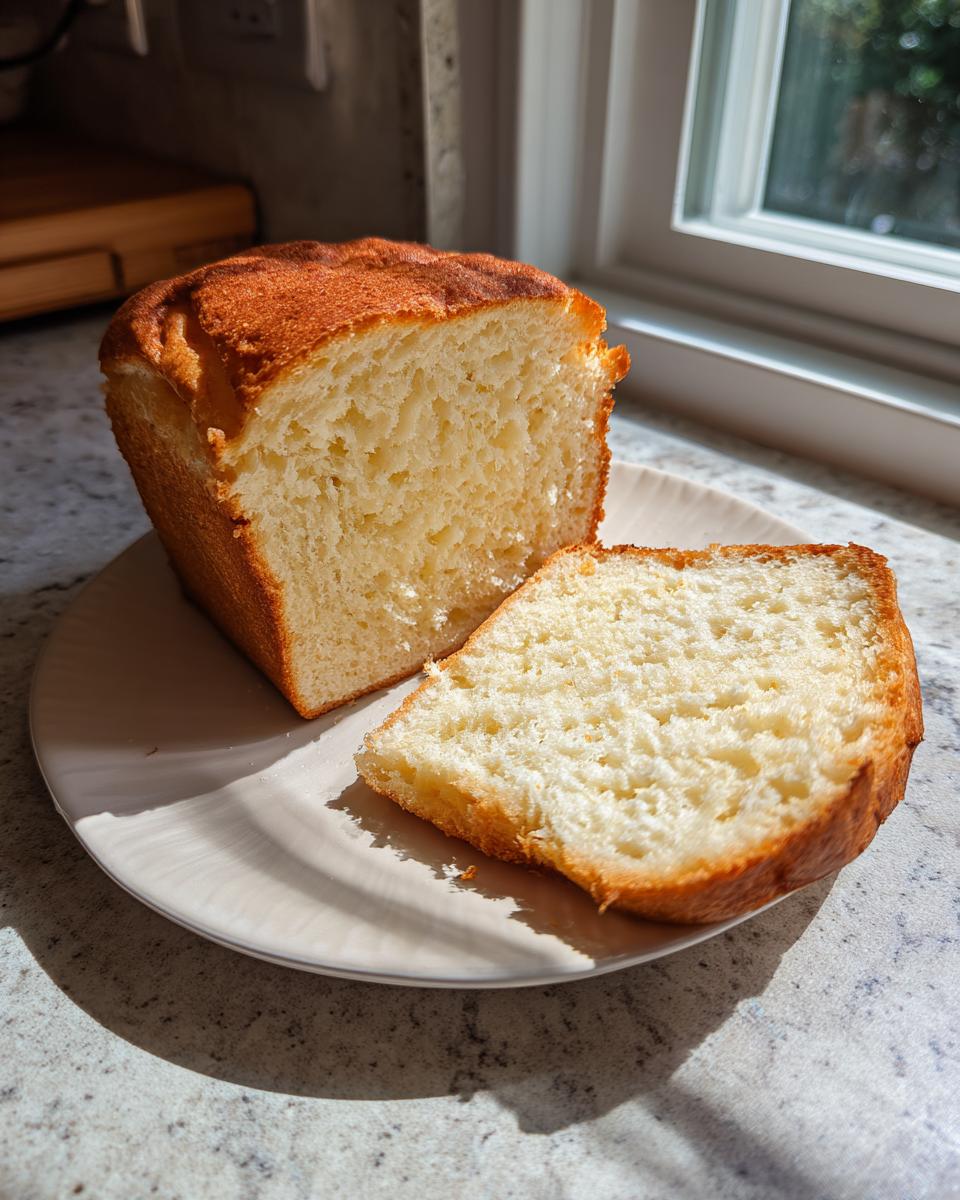 A loaf of homemade cottage cheese bread, partially sliced, showing its soft white crumb and golden brown crust.