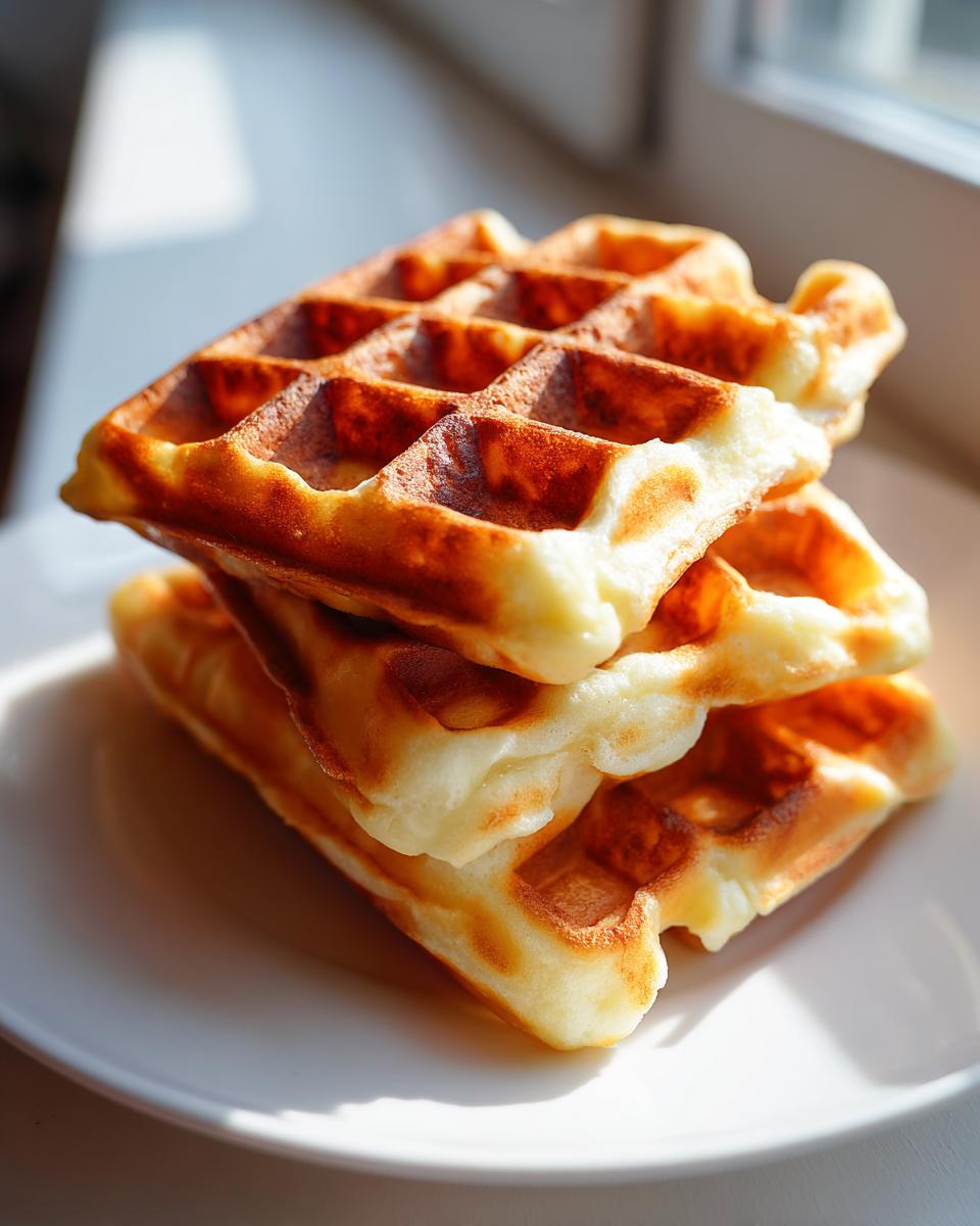 A stack of three golden brown cottage cheese waffles resting on a white plate, highlighted by bright sunlight.