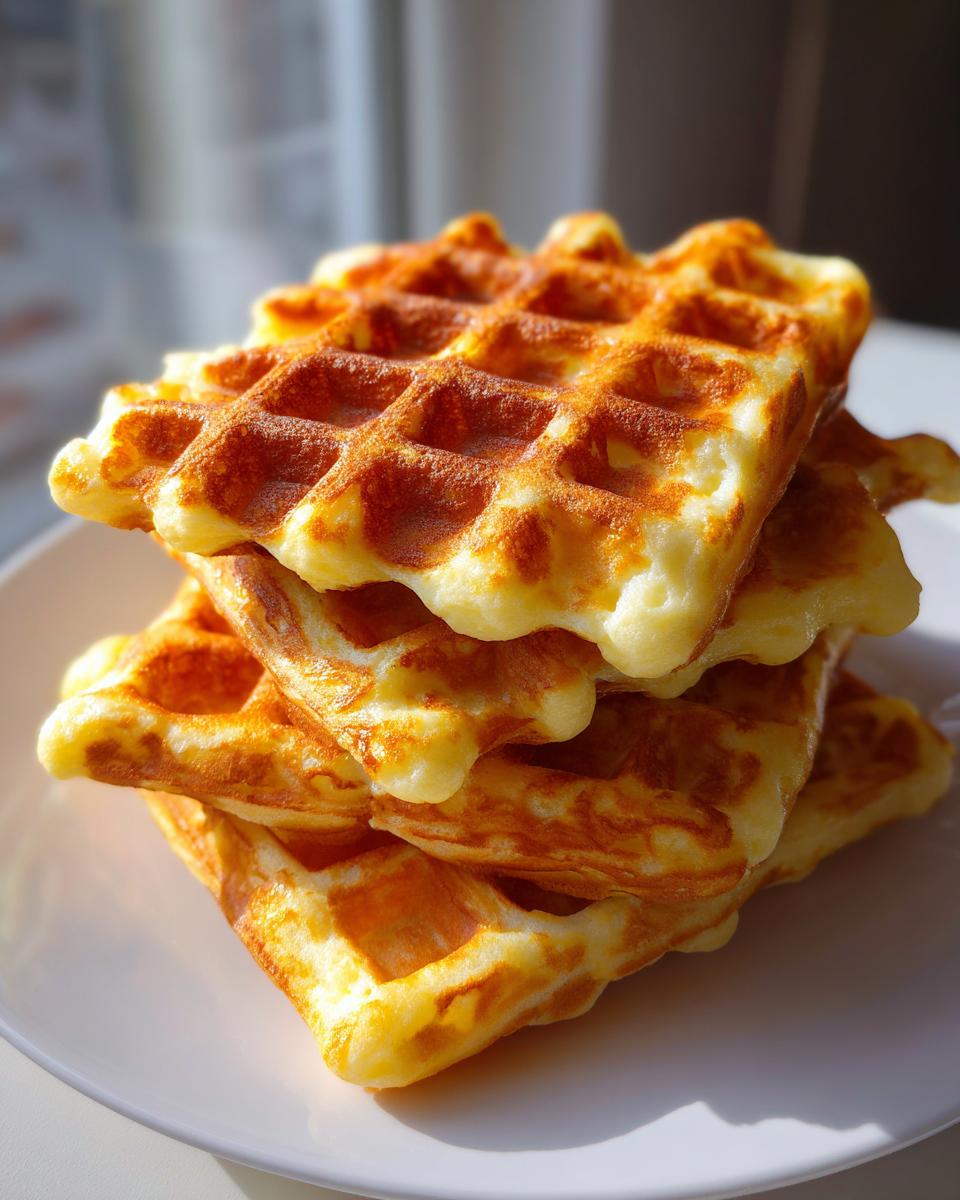 A stack of four golden brown cottage cheese waffles piled high on a white plate.
