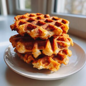 A tall stack of golden brown, crispy cottage cheese waffles resting on a small white plate near a window.