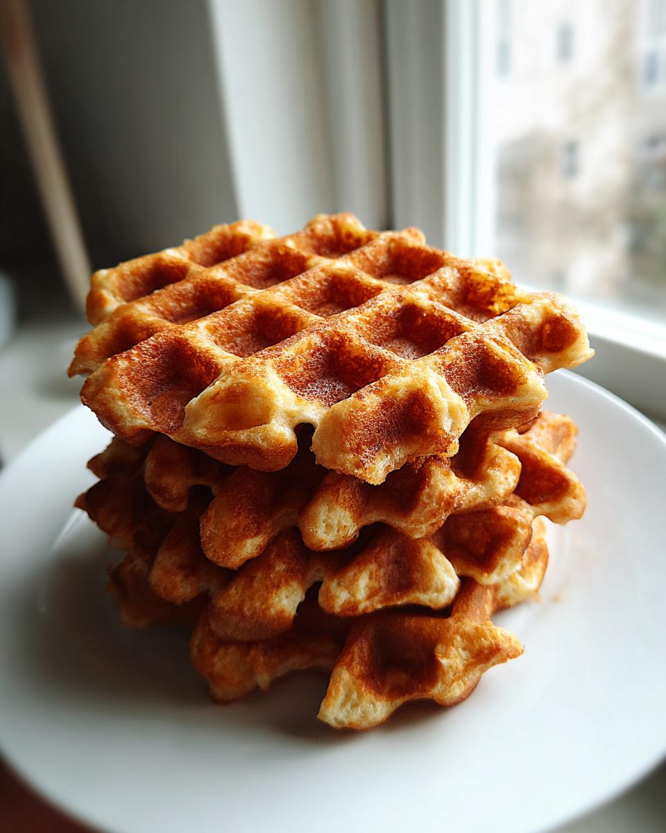 A tall stack of golden brown cottage cheese waffles piled high on a white plate near a bright window.