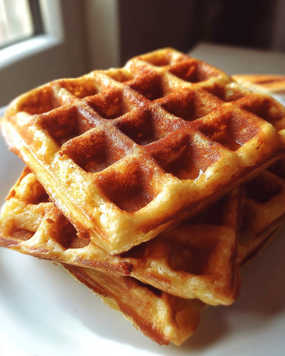 Close-up of a stack of three golden brown, fluffy cottage cheese waffles on a white plate.