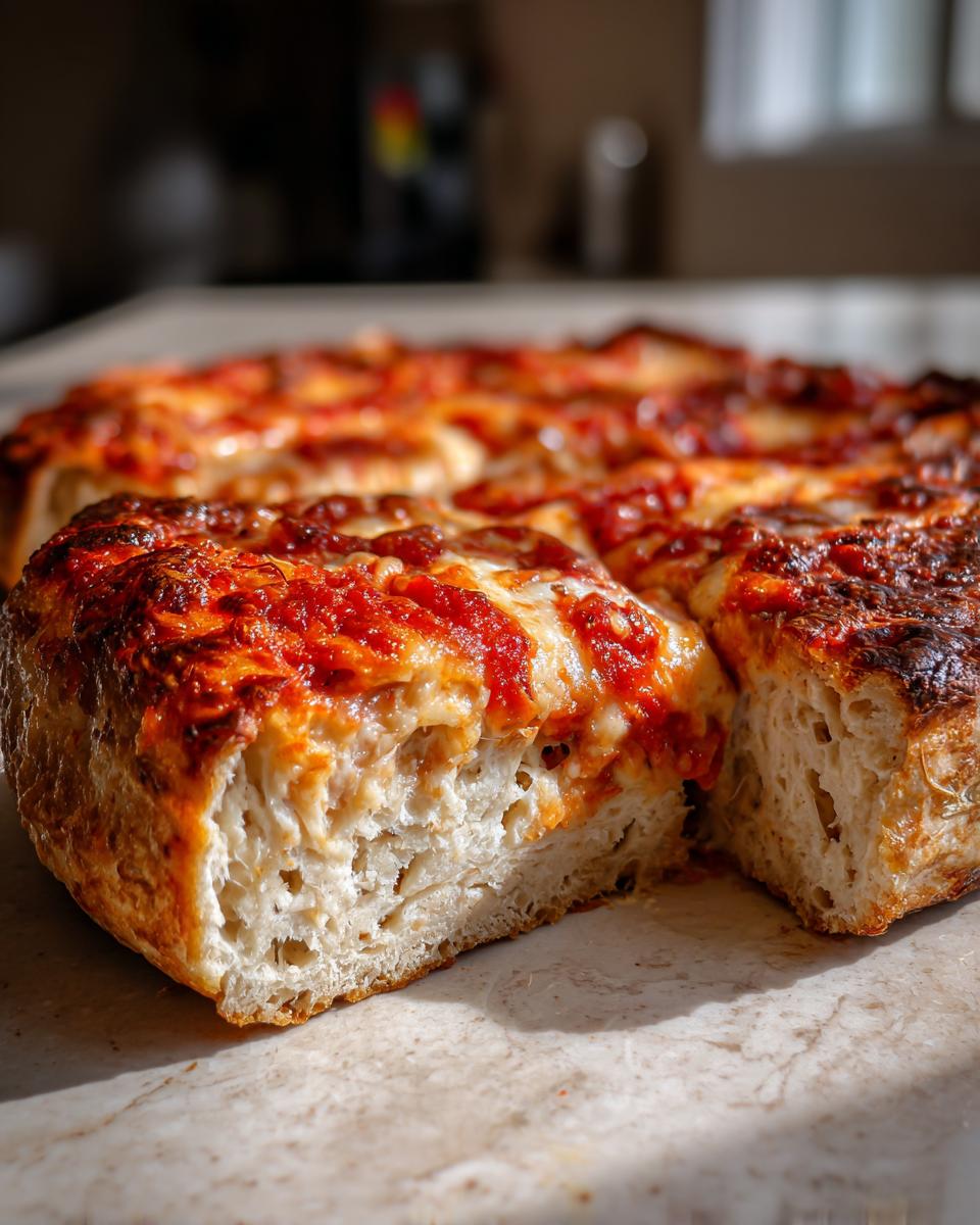 Close-up of a thick slice showing the airy interior of the cottage cheese pizza crust topped with melted cheese and sauce.