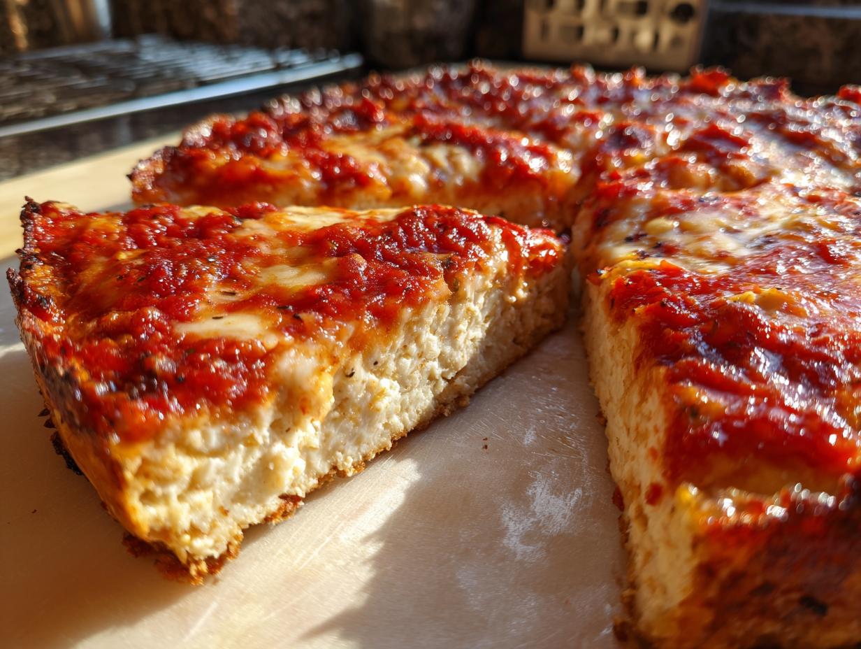 Close-up of a thick slice of pizza showing the dense cottage cheese pizza crust topped with bright red sauce and melted cheese.