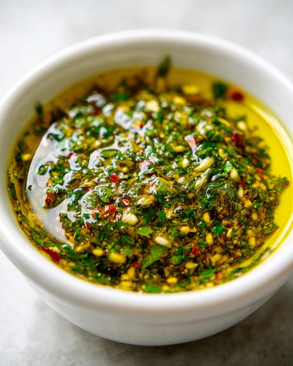 Close-up of a vibrant, chunky herb and garlic oil, perfect as a bread dip.