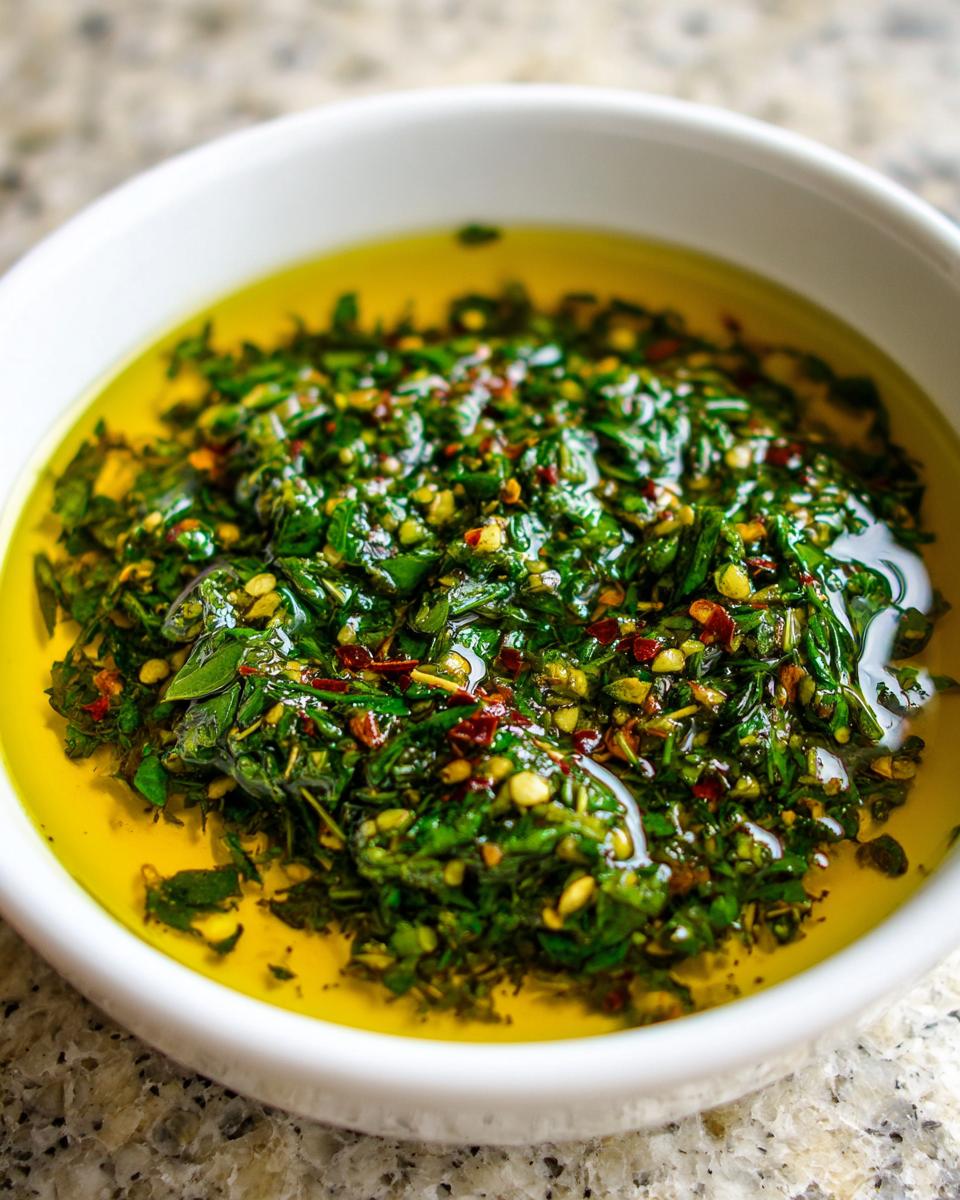 Close-up of a vibrant green herb and chili flake mixture swimming in olive oil, perfect as a bread dip.